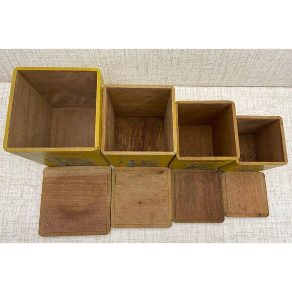Set of vintage kitchen canisters, wooden dovetailed counter top storage, olive / - Picture 9 of 10